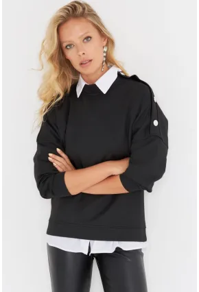 Kadın Siyah Omuz Taşlı Dalgıç Sweatshirt ST824