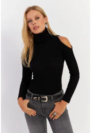 Kadın Siyah Omuzları Açık Kaşkorse Bluz HOR04
