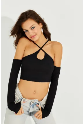 Kadın Siyah Omuzları Açık Sırtı Çapraz Crop Bluz B2684