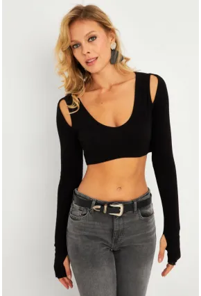 Kadın Siyah Omuzları Pencereli Kaşkorse Crop Bluz B5024