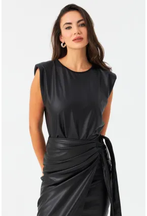 Kadın Siyah Omuzları Vatkalı Suni Deri Bluz TF42