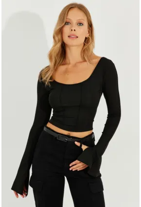 Kadın Siyah Ön Arka U Crop Bluz CG302