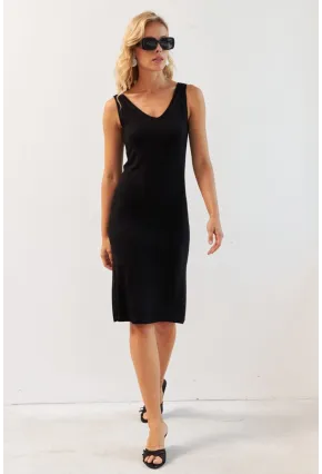 Kadın Siyah Ön Arka V Midi Elbise RX440