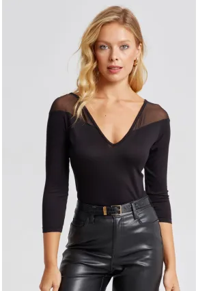 Kadın Siyah Ön Arka V Tül Detaylı Bluz Yİ2502