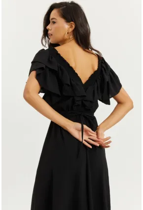 Kadın Siyah Ön Arka V Volanlı Elbise KS113