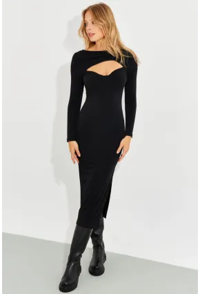 Kadın Siyah Önü Açık Yırtmaçlı Midi Elbise B225