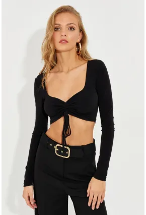 Kadın Siyah Önü Büzgülü Crop Bluz B3015