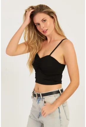 Kadın Siyah Önü Büzgülü Crop Bluz CG339