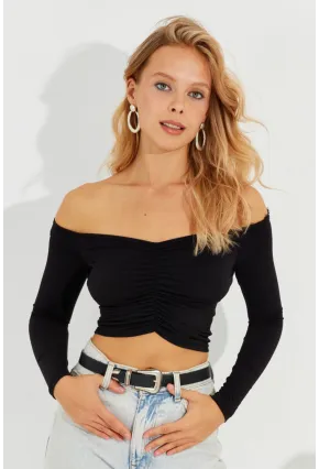 Kadın Siyah Önü Büzgülü V Yaka Crop Bluz B1977