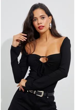 Kadın Siyah Önü Damla Kare Yaka Bluz B1925