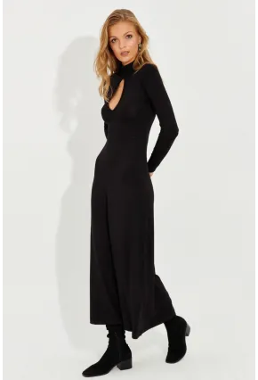 Kadın Siyah Önü Damla Yırtmaçlı Midi Elbise EY2575