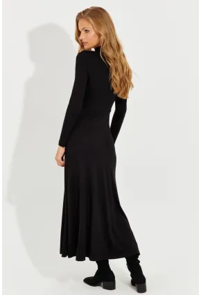 Kadın Siyah Önü Damla Yırtmaçlı Midi Elbise EY2575