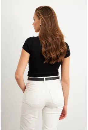 Kadın Siyah Önü Düğmeli Basic T-Shirt TOP07