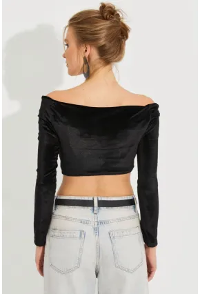 Kadın Siyah Önü Düğümlü Kadife Crop Bluz B2853