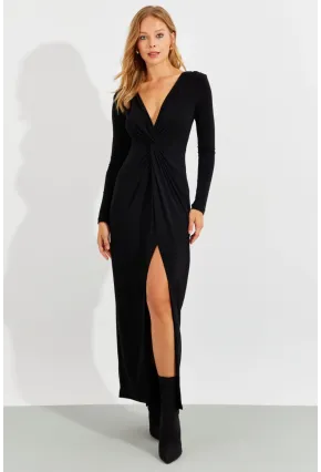 Kadın Siyah Önü Düğümlü Maxi Elbise BK1708