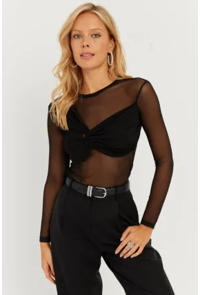 Kadın Siyah Önü Düğümlü Tül Bluz KS118