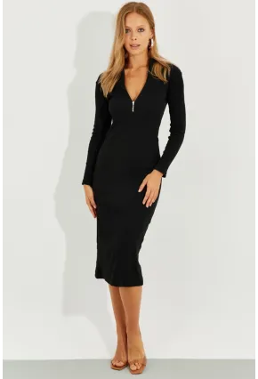 Kadın Siyah Önü Fermuarlı Kaşkorse Midi Elbise EY2547