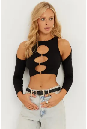 Kadın Siyah Önü Halkalı Crop Bluz MEN2038