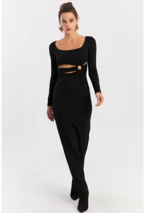 Kadın Siyah Önü Halkalı Maxi Yılbaşı Elbise DCF089