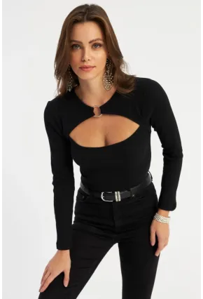 Kadın Siyah Önü Halkalı Pencereli Kaşkorse Bluz AYD382