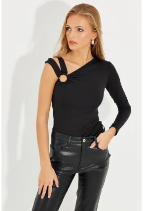 Kadın Siyah Önü Halkalı Tek Omuz Bluz EY2580