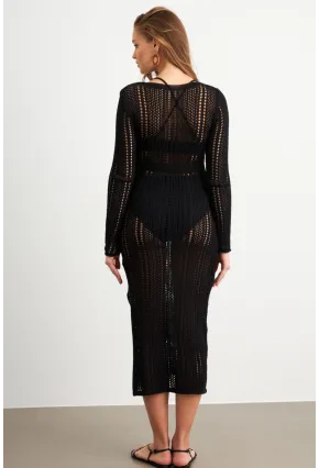 Kadın Siyah Önü Pencereli Ajurlu Plaj Elbisesi Kz545