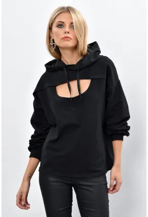 Kadın Siyah Önü Pencereli Kapüşonlu Sweatshirt Yİ1669