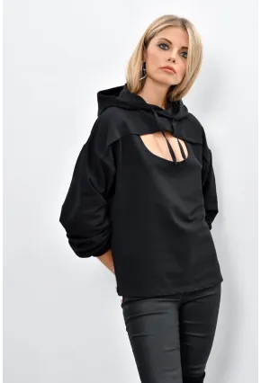 Kadın Siyah Önü Pencereli Kapüşonlu Sweatshirt Yİ1669