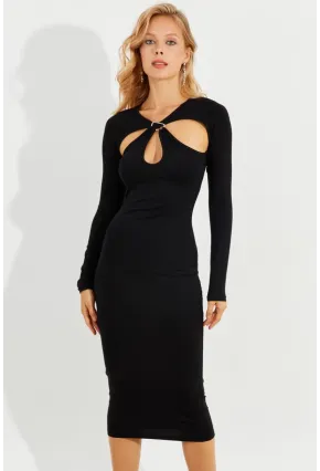 Kadın Siyah Önü Pencereli Midi Elbise B226