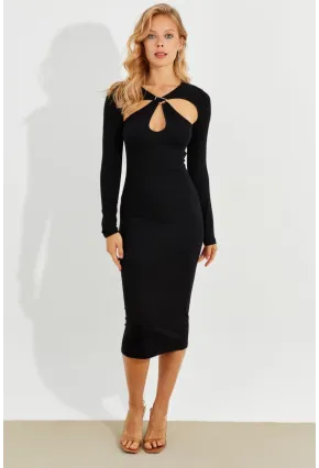 Kadın Siyah Önü Pencereli Midi Elbise B226