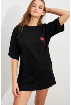Kadın Siyah Oversize Pijama T-Shirt TPG14
