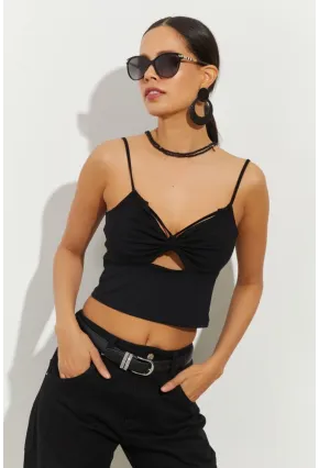 Kadın Siyah Pencereli Crop Bluz B2441
