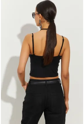 Kadın Siyah Pencereli Crop Bluz B2441