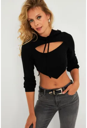 Kadın Siyah Pencereli Kapüşonlu Crop Bluz TF08