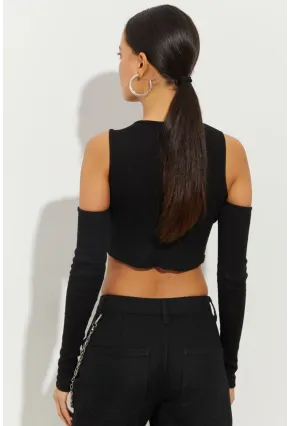 Kadın Siyah Pencereli Kaşkorse Crop Bluz B2403