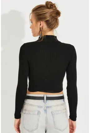 Kadın Siyah Pencereli Triko Crop Bluz EA230012