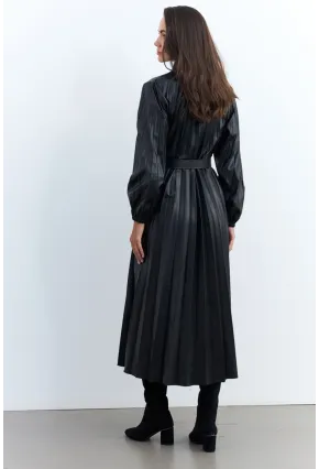 Kadın Siyah Pileli Kemerli Maxi Elbise MALZ99