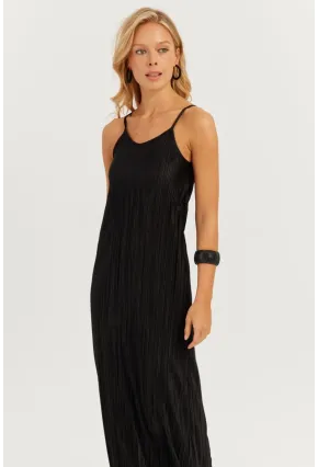 Kadın Siyah Piliseli Askılı Midi Elbise DMR296
