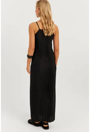 Kadın Siyah Piliseli Askılı Midi Elbise DMR296