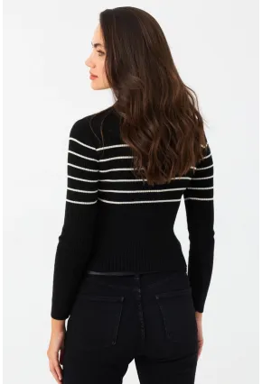 Kadın Siyah Polo Yaka Çizgili Triko Bluz MK65