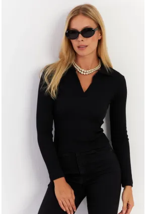 Kadın Siyah Polo Yaka Kaşkorse Bluz LON3006