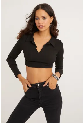 Kadın Siyah Polo Yaka Kaşkorse Crop Bluz Yİ2347