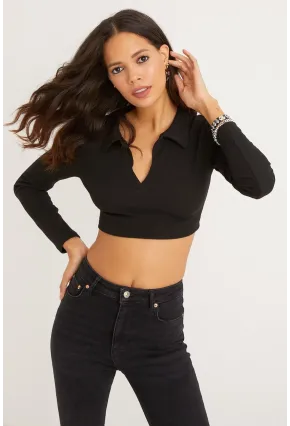 Kadın Siyah Polo Yaka Kaşkorse Crop Bluz Yİ2347