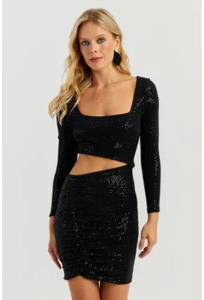 Kadın Siyah Pullu Mini Elbise KED146