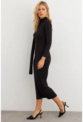 Kadın Siyah Şal Detaylı Midi Elbise EY3010