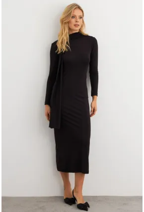 Kadın Siyah Şal Detaylı Midi Elbise EY3010