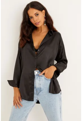 Kadın Siyah Saten Gömlek SF1285
