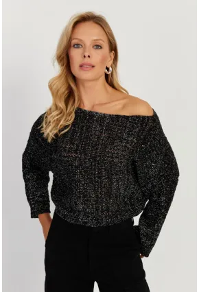 Kadın Siyah Simli Ajurlu Triko Bluz YZ403