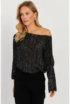 Kadın Siyah Simli Ajurlu Triko Bluz YZ403