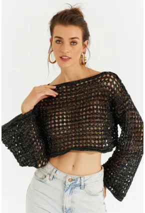 Kadın Siyah Simli Ajurlu Triko Kısa Bluz YV141